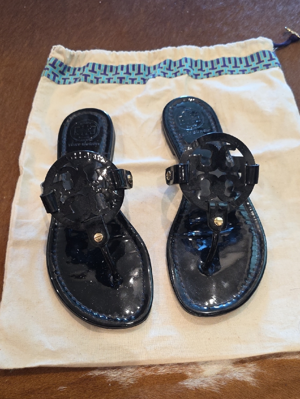 Tory Burch Black Patent Logo Thong Sandals